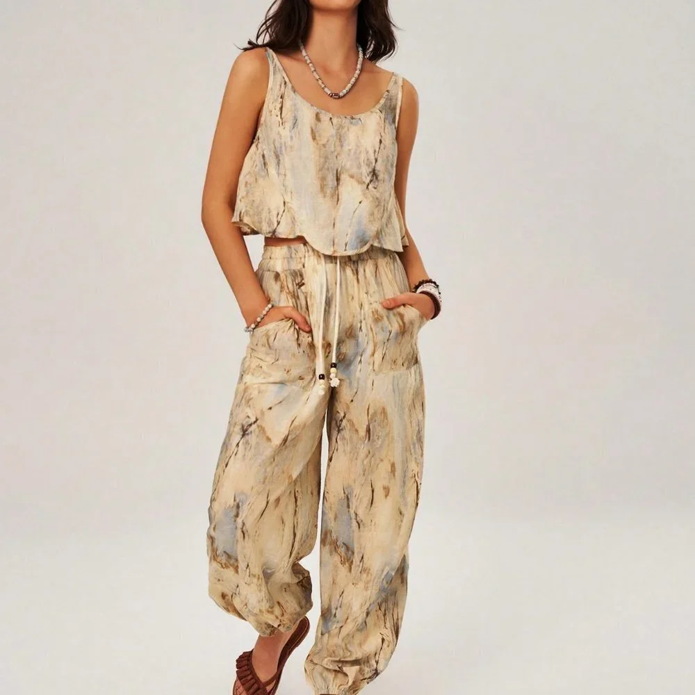 Multicolor Boho Womens TieDye Tank Top & Drawstring Waist Slant Pocket Pants Set - Picture 1 of 5